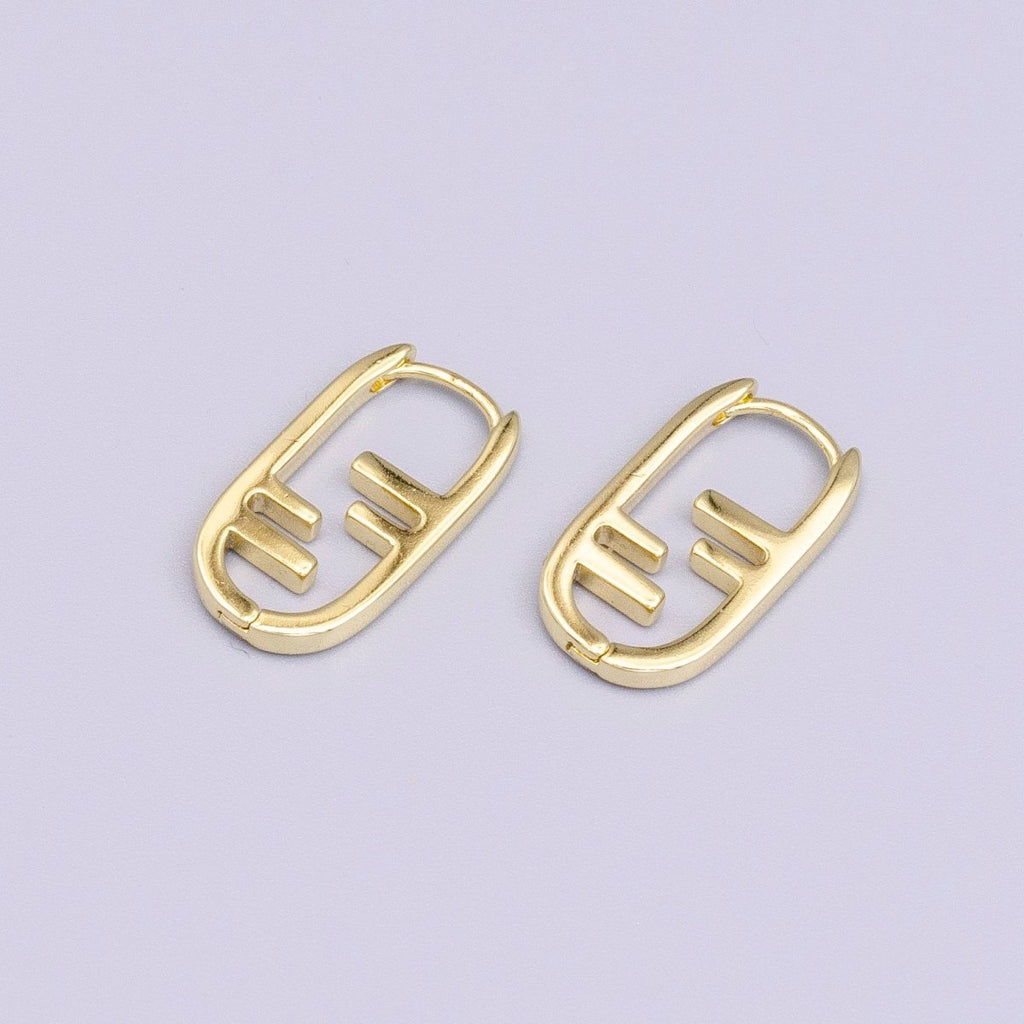 14K Gold plated Geometric Bar Lined Oblong U-Shaped Hoop Earrings | Y-847 - DLUXCA