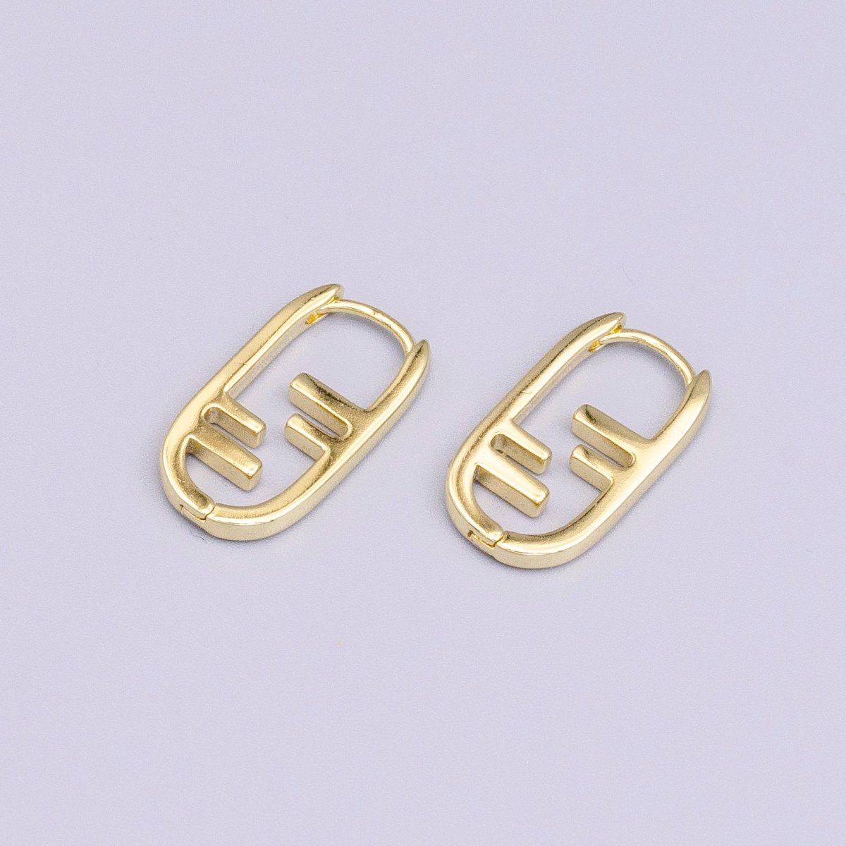 14K Gold plated Geometric Bar Lined Oblong U-Shaped Hoop Earrings | Y-847 - DLUXCA