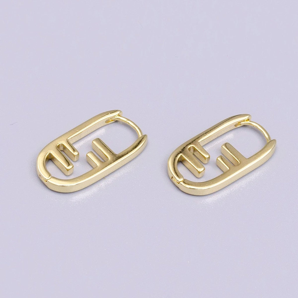 14K Gold plated Geometric Bar Lined Oblong U-Shaped Hoop Earrings | Y-847 - DLUXCA