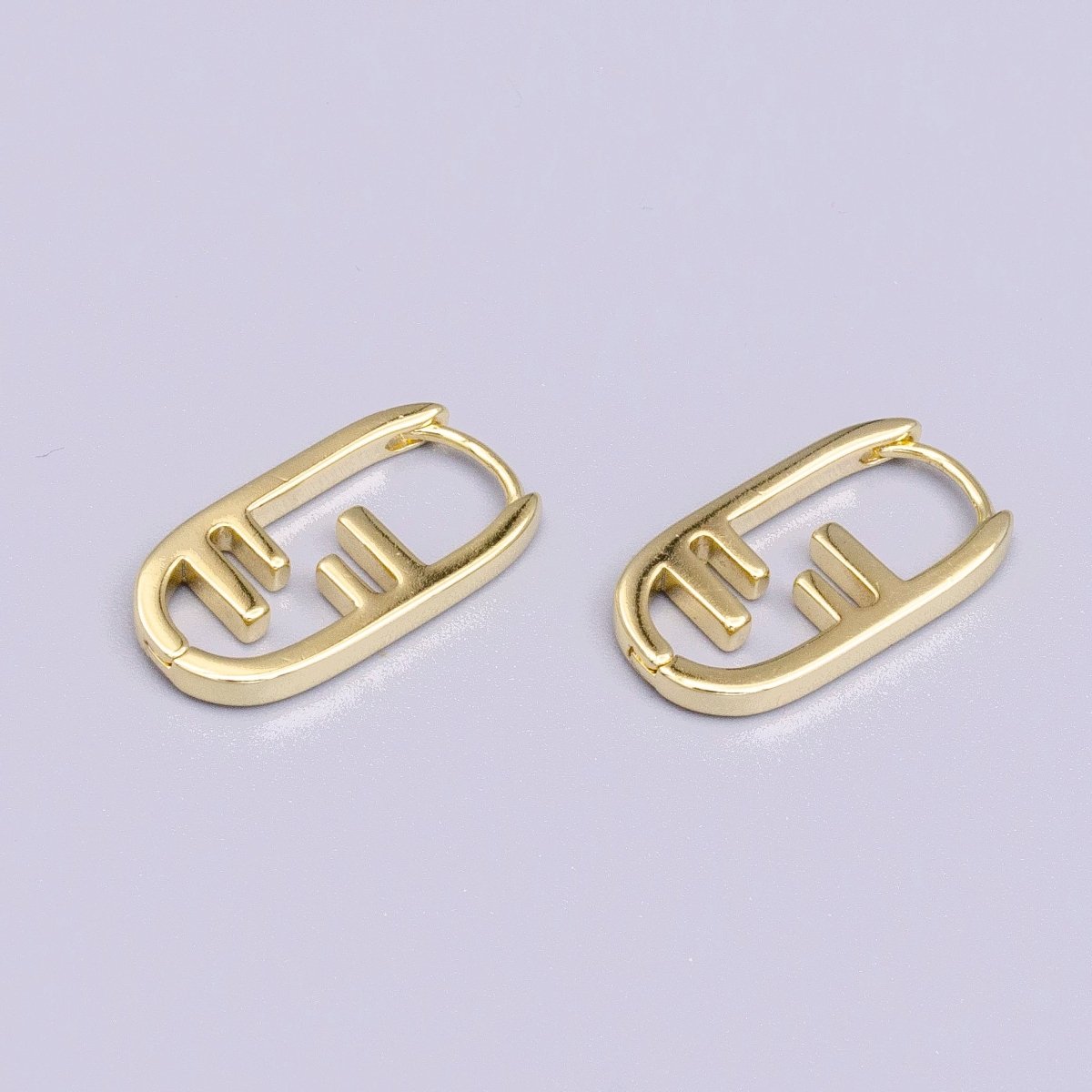 14K Gold plated Geometric Bar Lined Oblong U-Shaped Hoop Earrings | Y-847 - DLUXCA