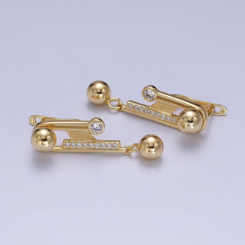 14K Gold plated Geometric Clear Micro Paved CZ Round Beaded Drop English Lock Earrings | AD1534 - DLUXCA