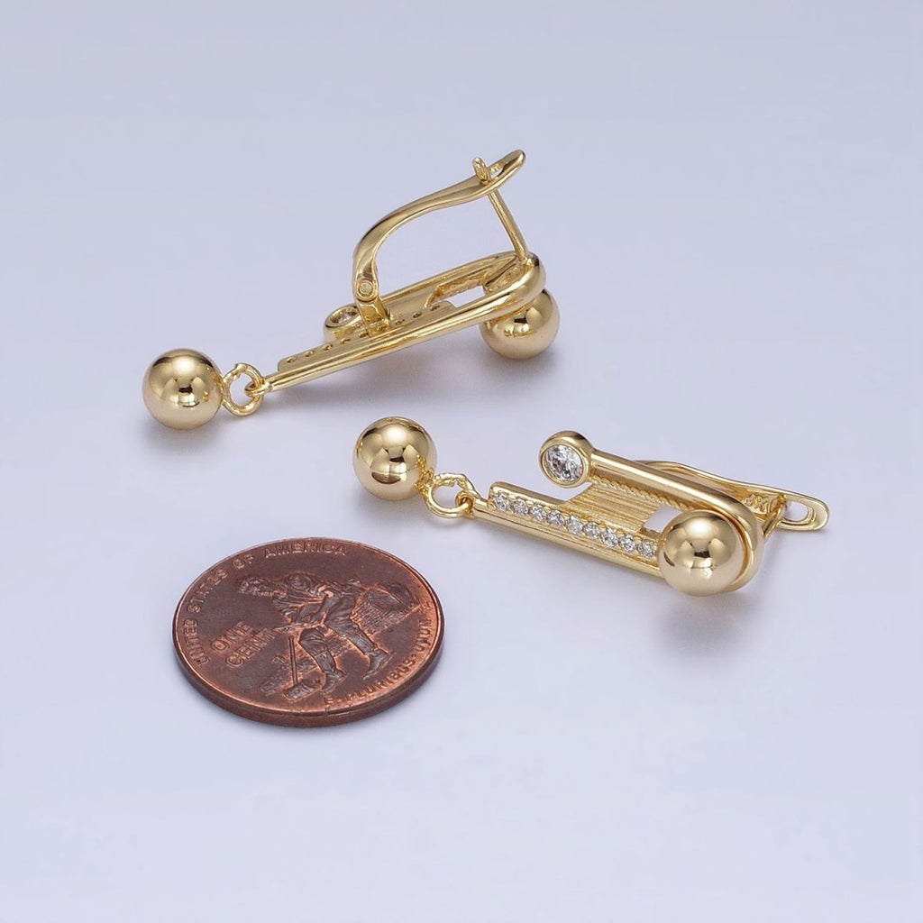 14K Gold plated Geometric Clear Micro Paved CZ Round Beaded Drop English Lock Earrings | AD1534 - DLUXCA