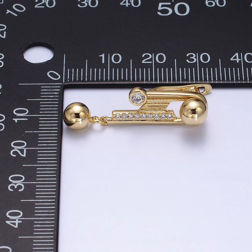 14K Gold plated Geometric Clear Micro Paved CZ Round Beaded Drop English Lock Earrings | AD1534 - DLUXCA