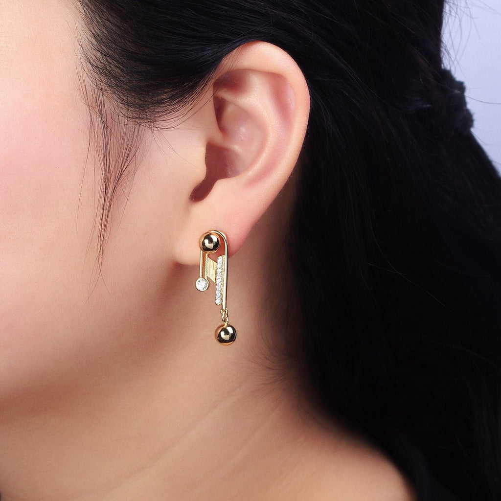 14K Gold plated Geometric Clear Micro Paved CZ Round Beaded Drop English Lock Earrings | AD1534 - DLUXCA