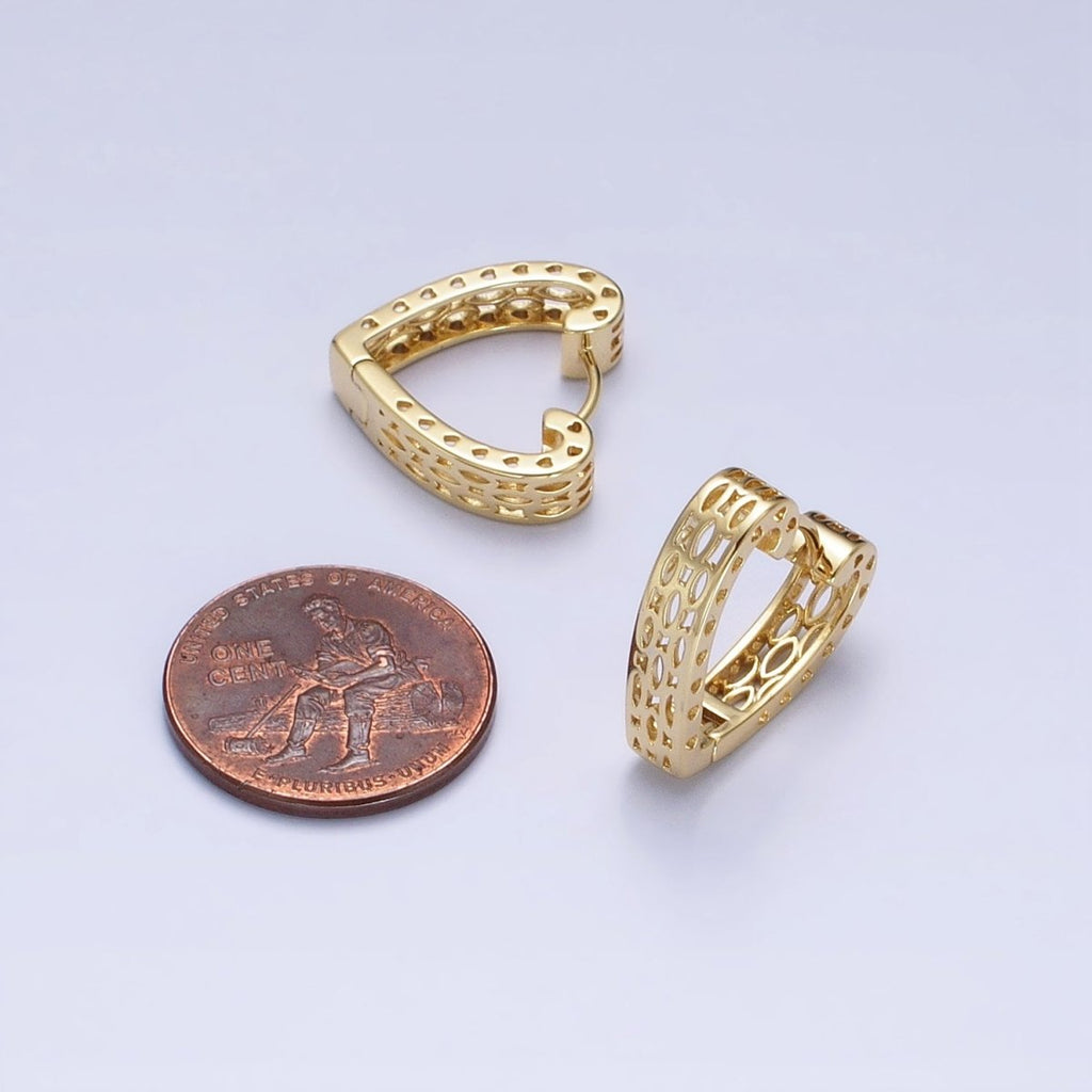 14K Gold plated Geometric Filigree Heart Huggie Hoop Earrings | AD1530 - DLUXCA