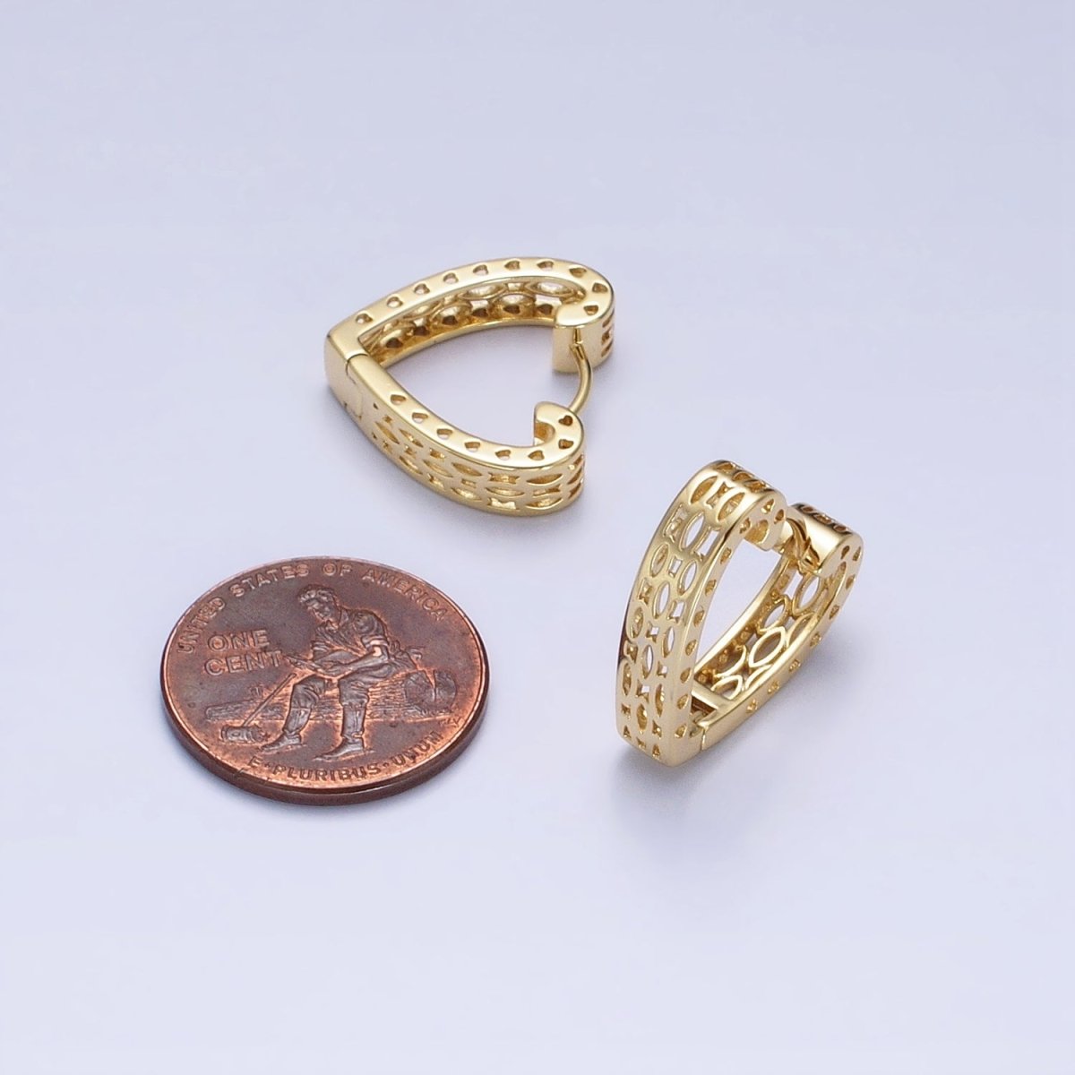 14K Gold plated Geometric Filigree Heart Huggie Hoop Earrings | AD1530 - DLUXCA