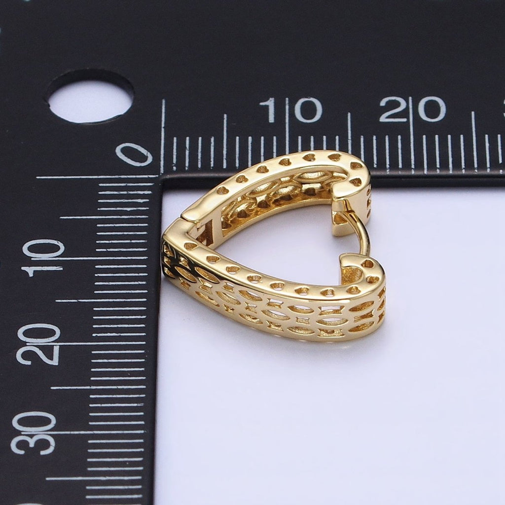 14K Gold plated Geometric Filigree Heart Huggie Hoop Earrings | AD1530 - DLUXCA