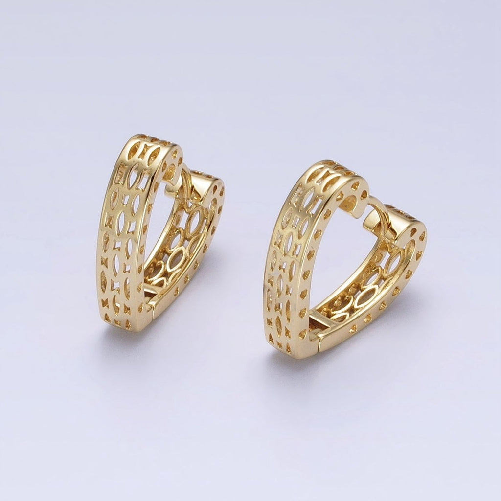 14K Gold plated Geometric Filigree Heart Huggie Hoop Earrings | AD1530 - DLUXCA