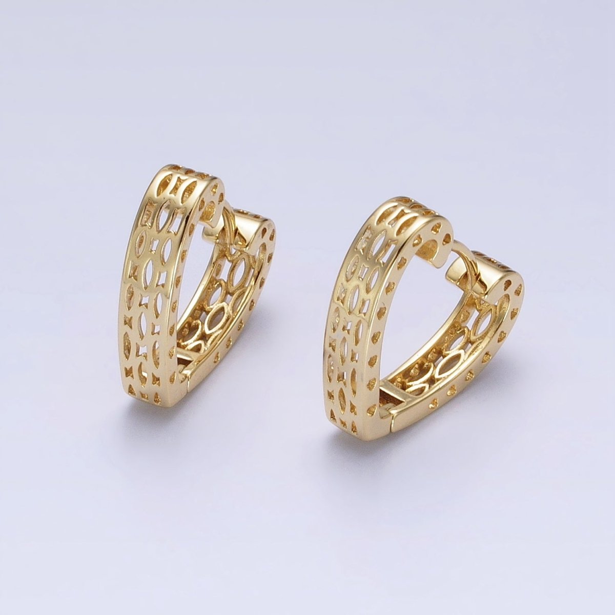 14K Gold plated Geometric Filigree Heart Huggie Hoop Earrings | AD1530 - DLUXCA