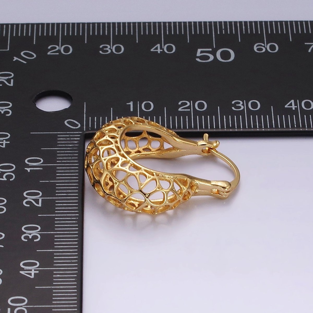 14K Gold plated Geometric Filigree Open Dome French Lock Latch Hoop Earrings | AE222 - DLUXCA