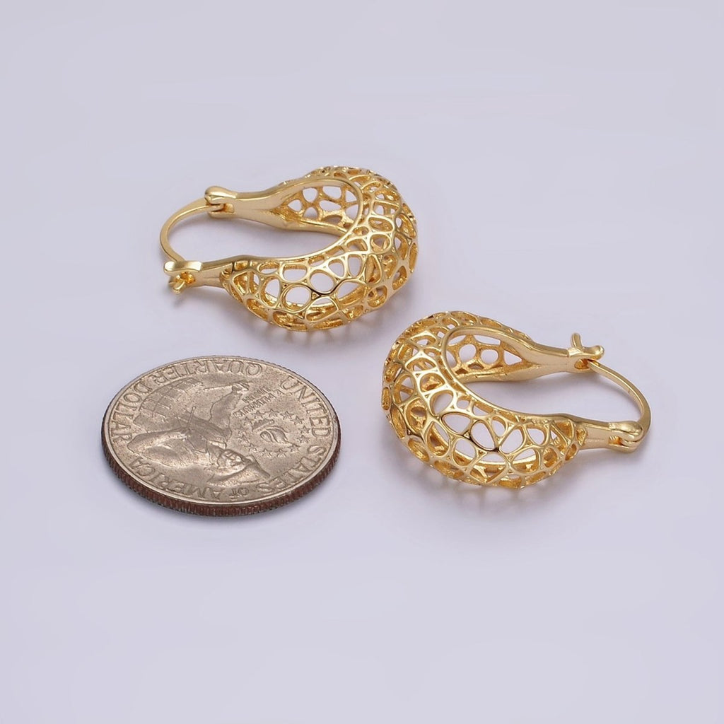 14K Gold plated Geometric Filigree Open Dome French Lock Latch Hoop Earrings | AE222 - DLUXCA