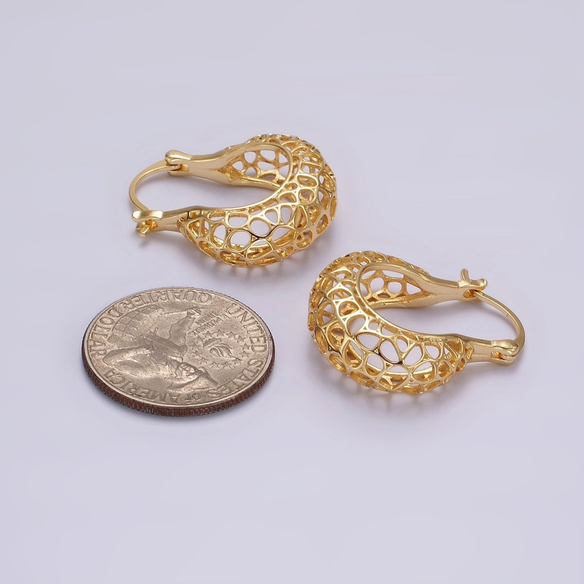 14K Gold plated Geometric Filigree Open Dome French Lock Latch Hoop Earrings | AE222 - DLUXCA