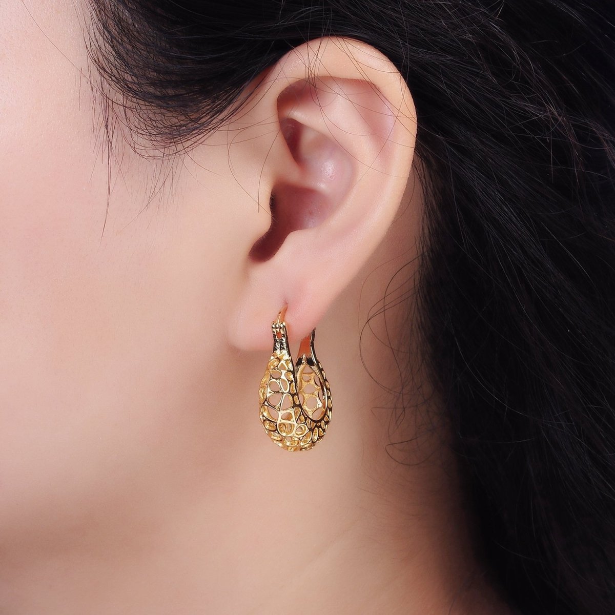 14K Gold plated Geometric Filigree Open Dome French Lock Latch Hoop Earrings | AE222 - DLUXCA