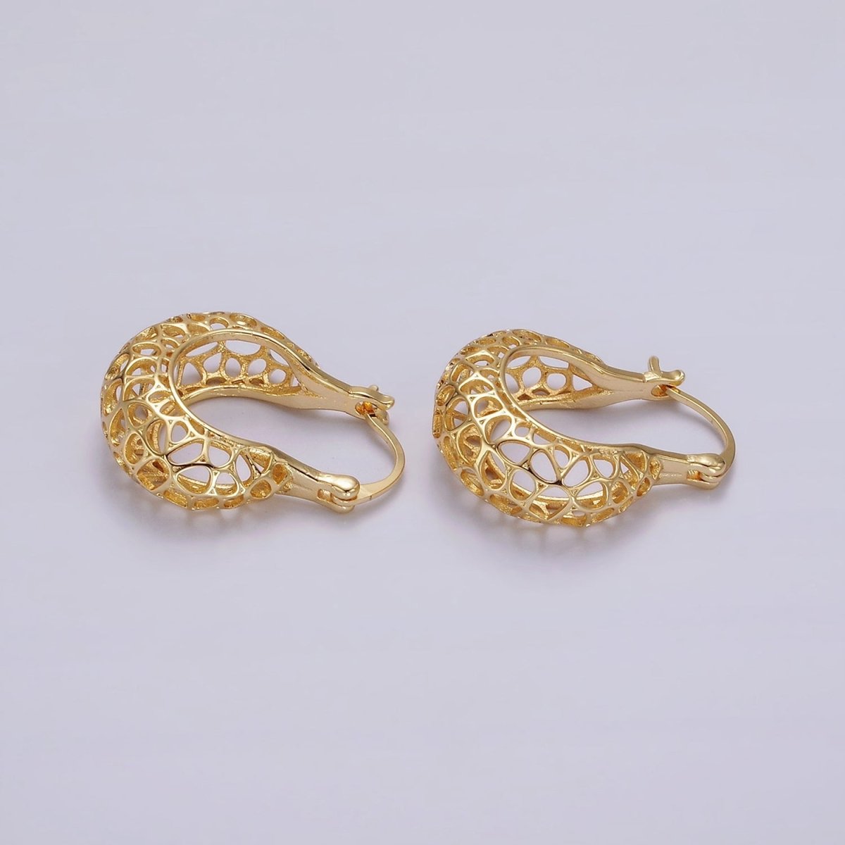 14K Gold plated Geometric Filigree Open Dome French Lock Latch Hoop Earrings | AE222 - DLUXCA