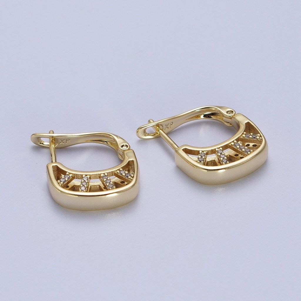 14K Gold plated Geometric Micro Paved CZ Bar Latch Earrings | V-024 - DLUXCA