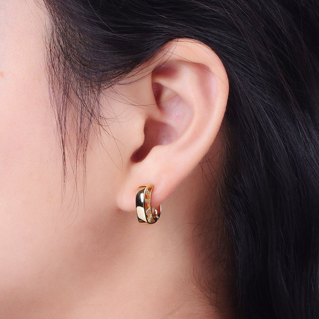14K Gold plated Geometric Micro Paved CZ Bar Latch Earrings | V-024 - DLUXCA