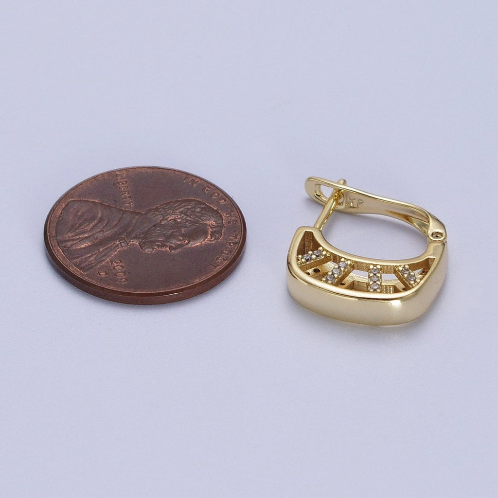 14K Gold plated Geometric Micro Paved CZ Bar Latch Earrings | V-024 - DLUXCA
