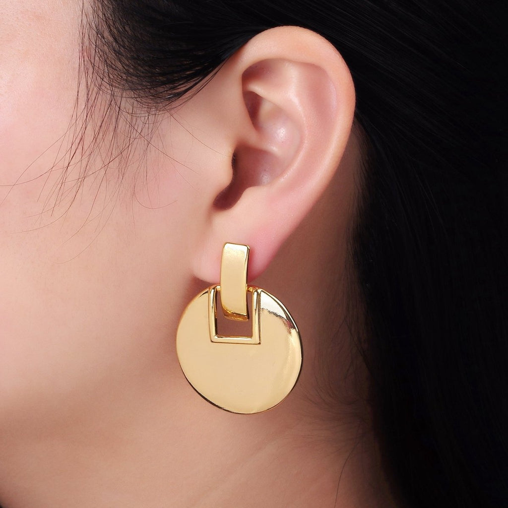 14K Gold plated Geometric Round Bar Drop Stud Earrings | P462 - DLUXCA