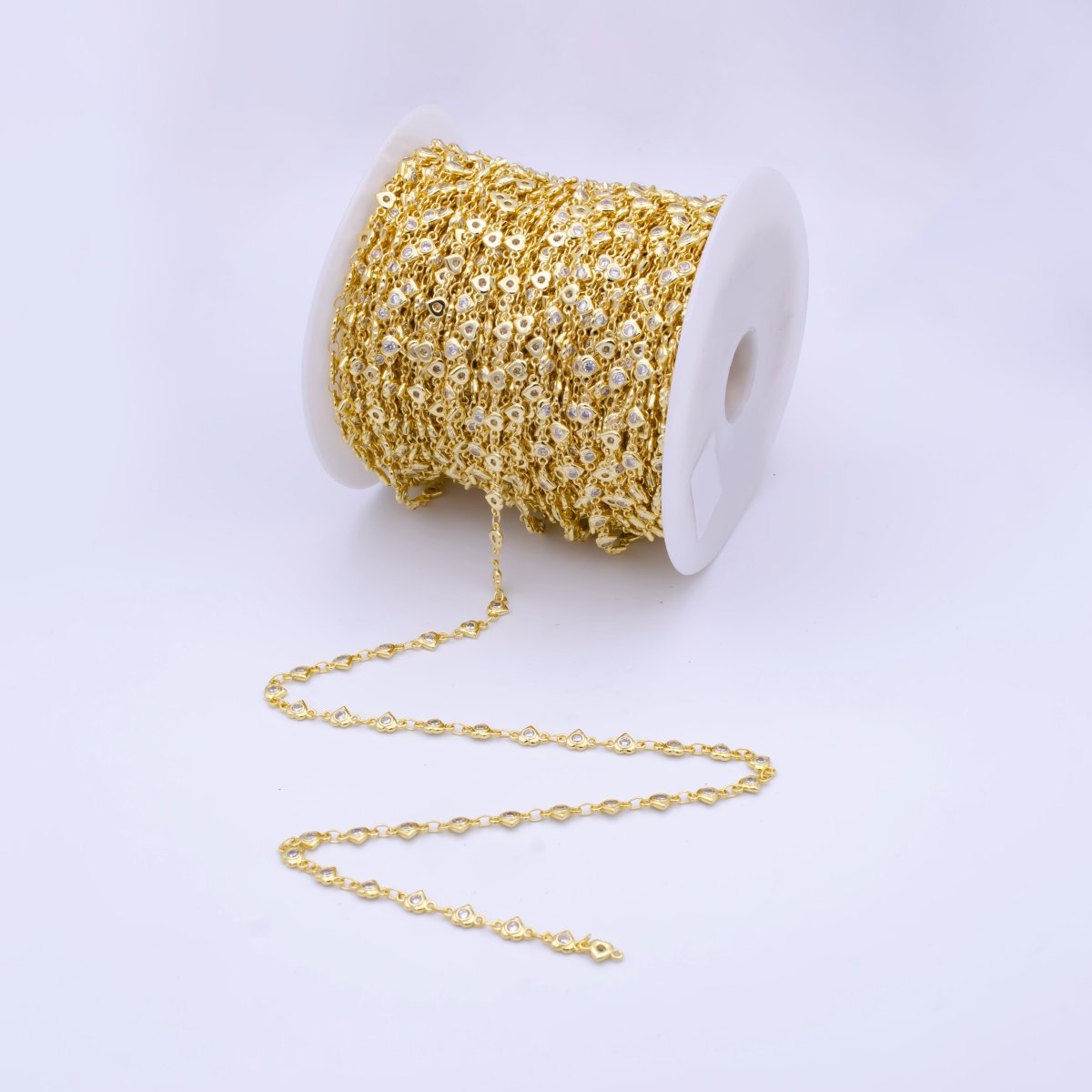 14k Gold plated Gold heart Charm Chain Jewelry Supplies, Tiny heart CZ gold Chain Wholesale Bulk Chain | ROLL-790 Clearance Pricing - DLUXCA