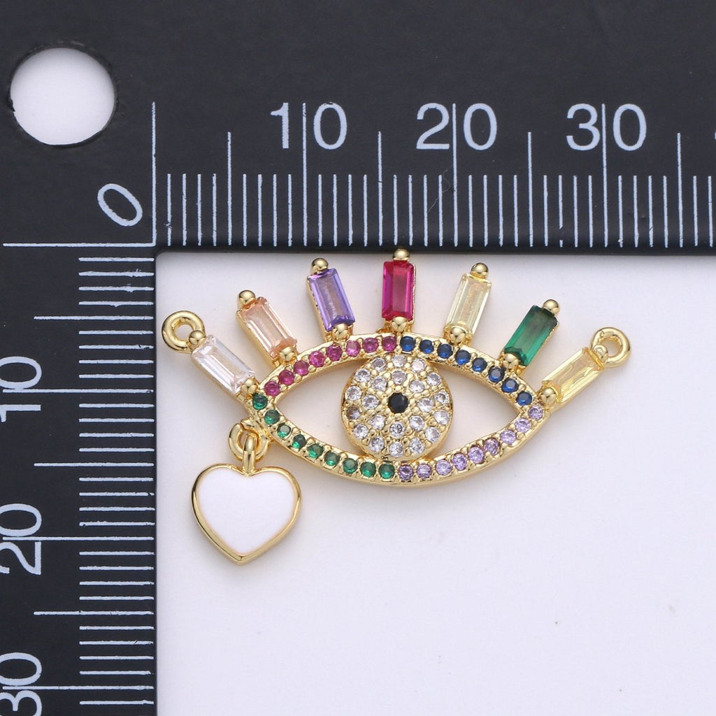 14k Gold plated Greek Eye Charm Double Bail Pendant Connector with Rainbow Cubic Evil Eye Charm for Necklace Bracelet Component D-094 - DLUXCA