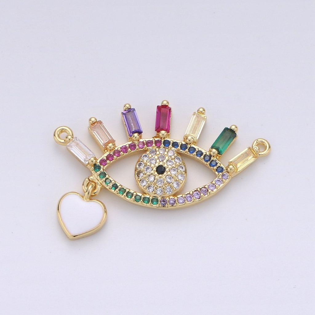 14k Gold plated Greek Eye Charm Double Bail Pendant Connector with Rainbow Cubic Evil Eye Charm for Necklace Bracelet Component D-094 - DLUXCA