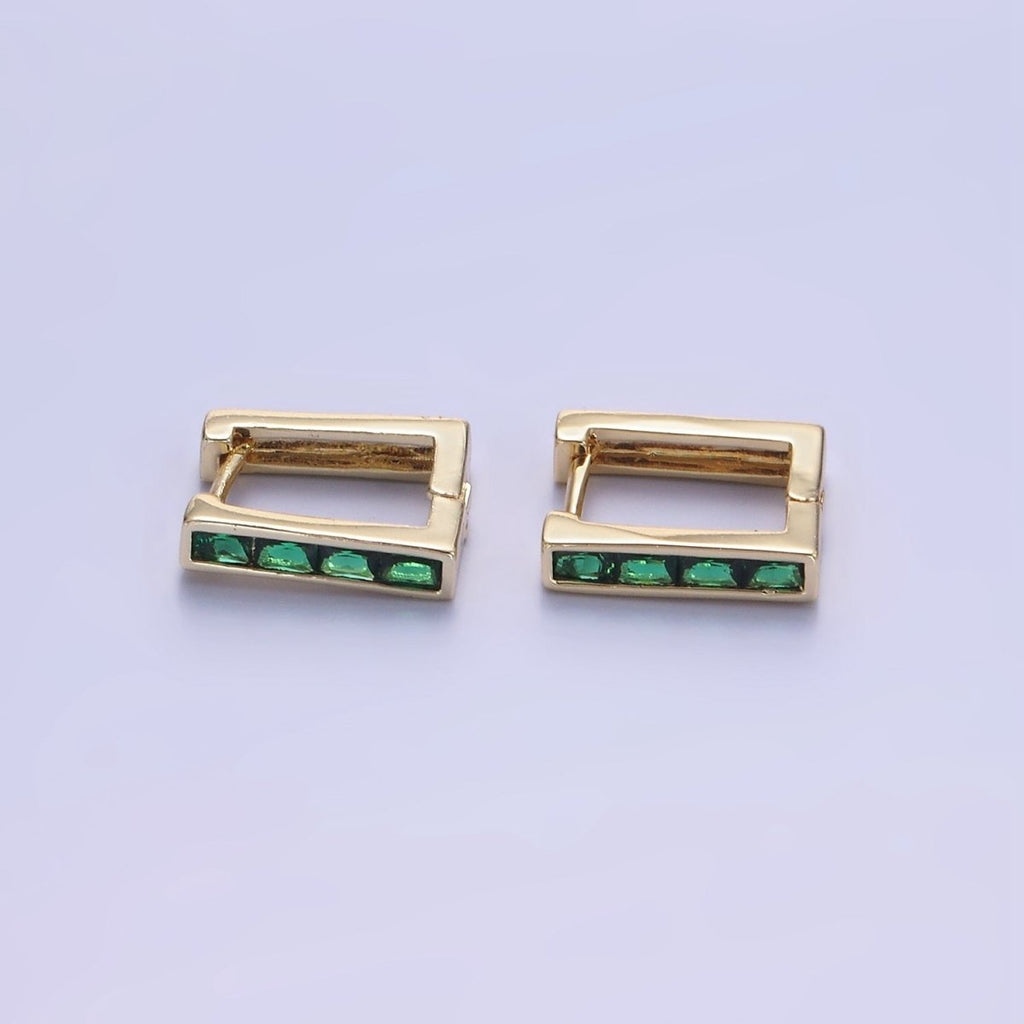 14K Gold plated Green Baguette CZ Lined Rectangular Hoop Earrings | AB1340 - AB1342 - DLUXCA