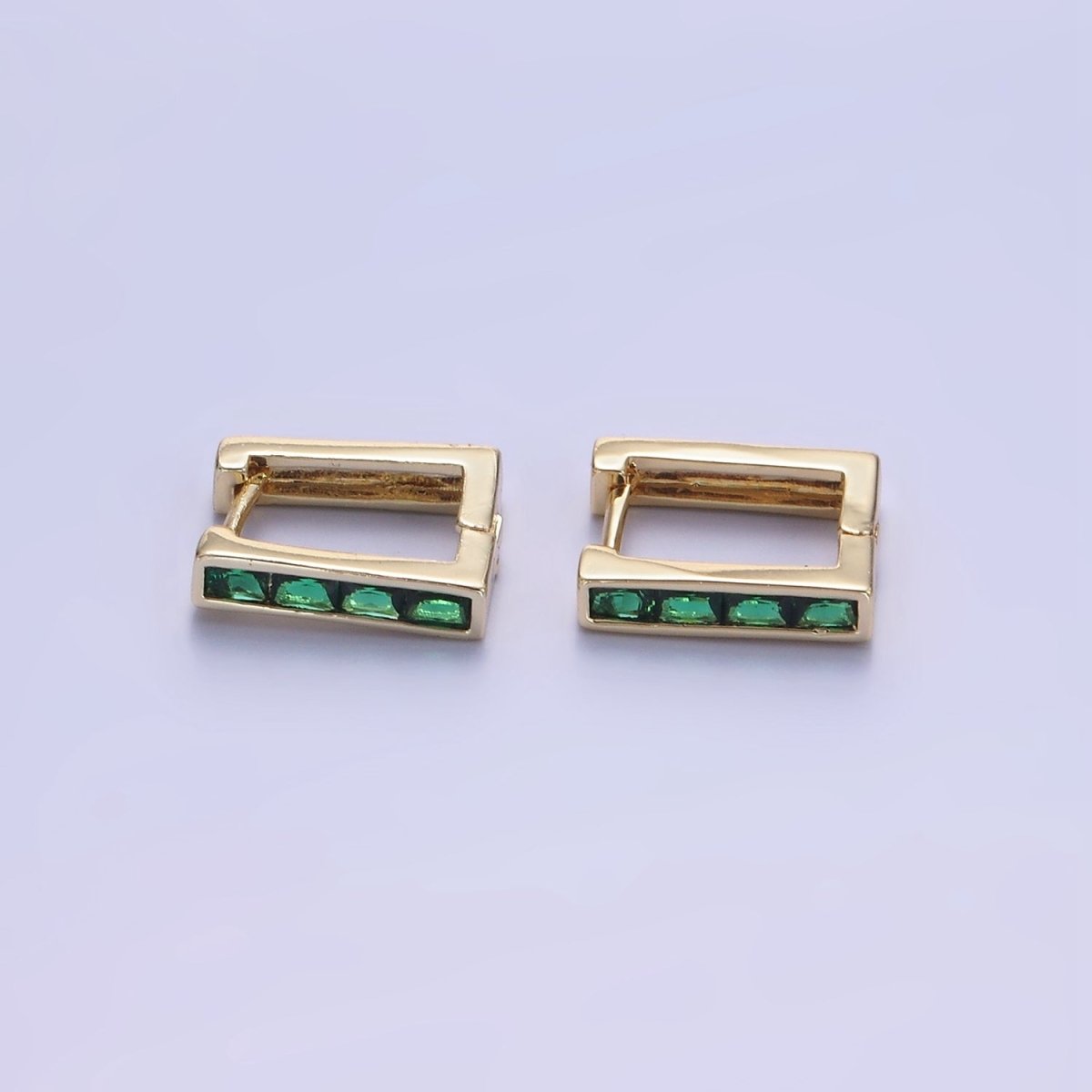 14K Gold plated Green Baguette CZ Lined Rectangular Hoop Earrings | AB1340 - AB1342 - DLUXCA