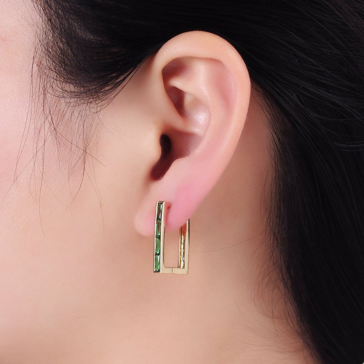 14K Gold plated Green Baguette CZ Lined Rectangular Hoop Earrings | AB1340 - AB1342 - DLUXCA