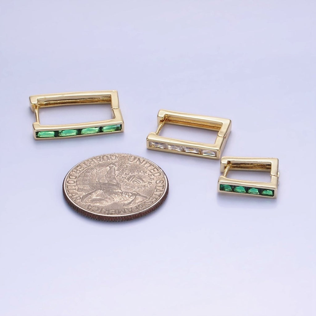 14K Gold plated Green Baguette CZ Lined Rectangular Hoop Earrings | AB1340 - AB1342 - DLUXCA