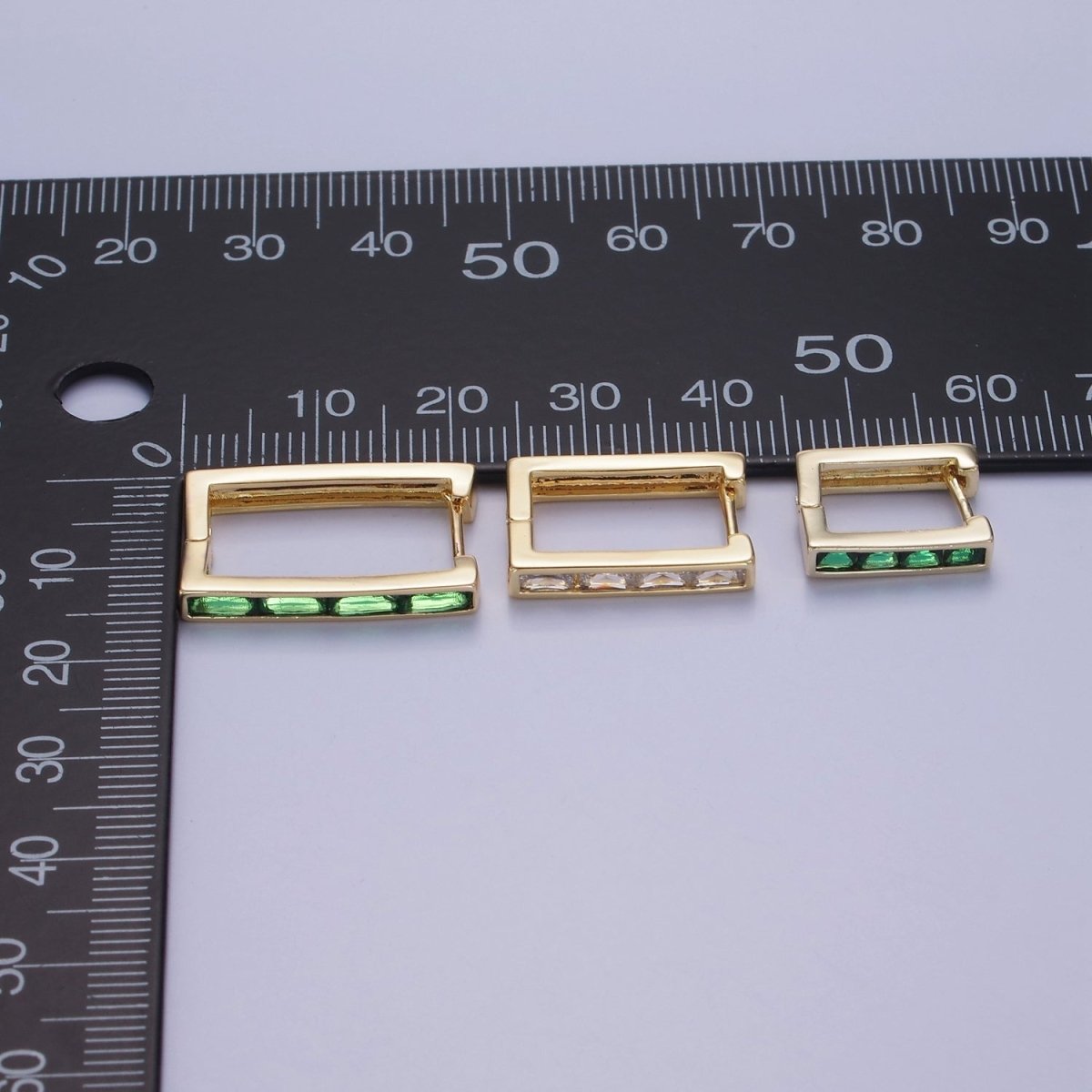 14K Gold plated Green Baguette CZ Lined Rectangular Hoop Earrings | AB1340 - AB1342 - DLUXCA