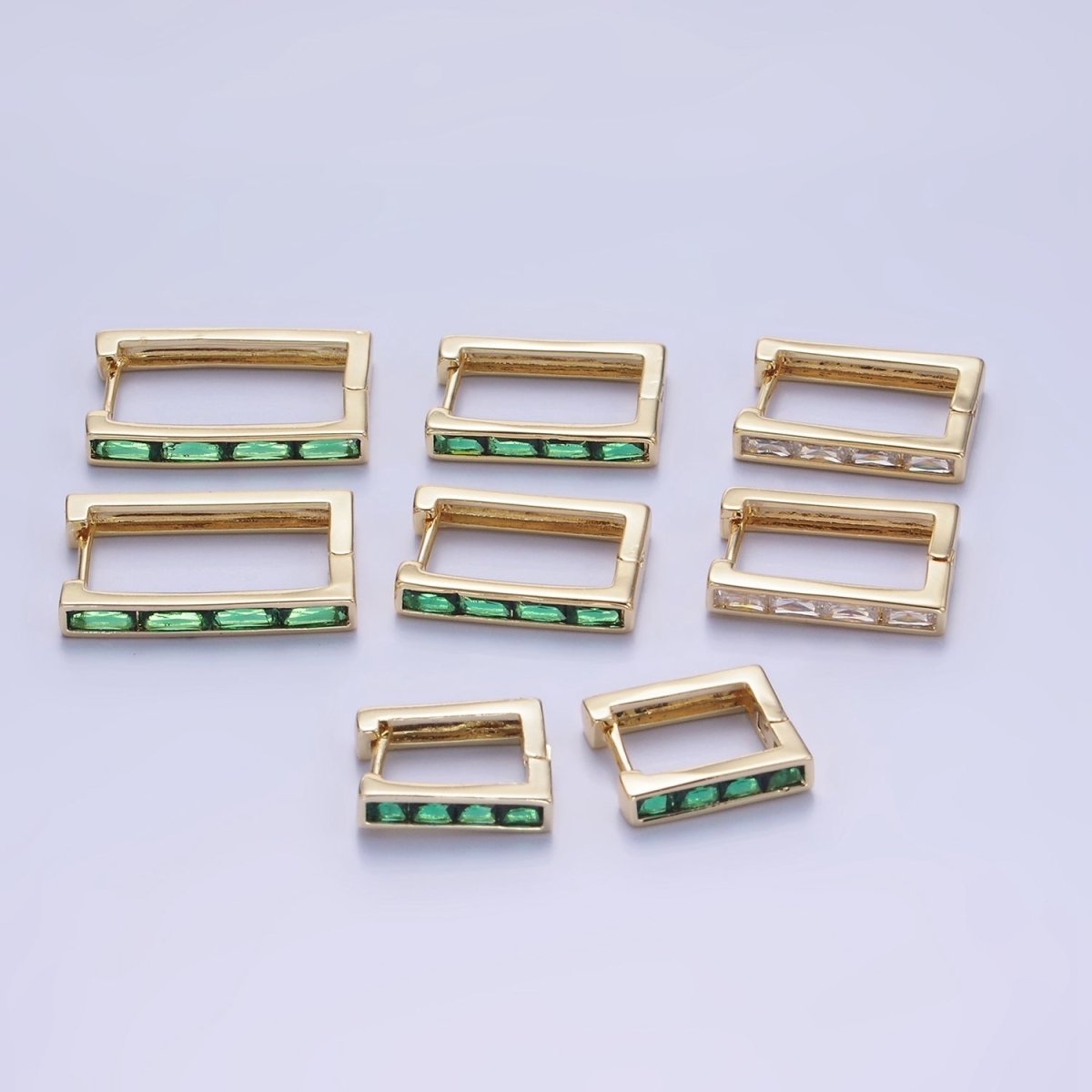 14K Gold plated Green Baguette CZ Lined Rectangular Hoop Earrings | AB1340 - AB1342 - DLUXCA