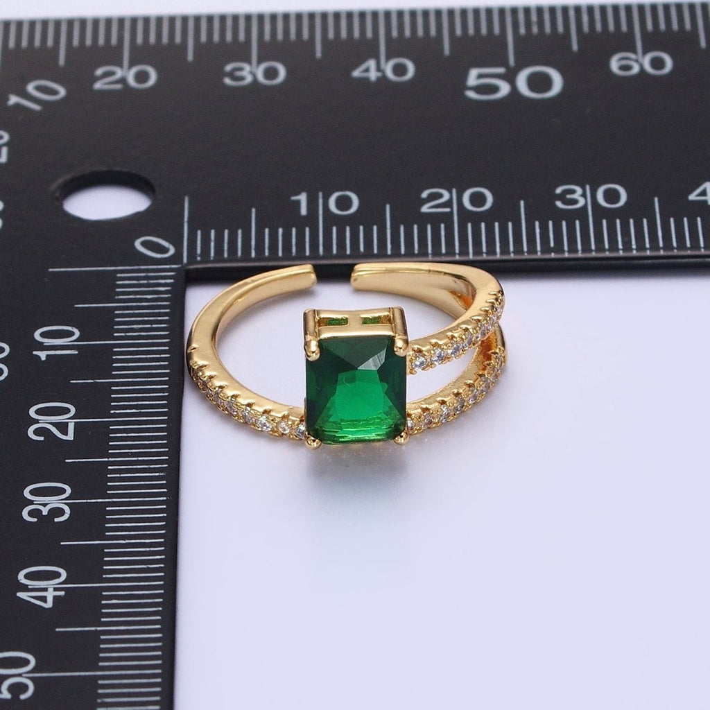 14K Gold plated Green Baguette Double Band Micro Paved Adjustable Ring in Gold & Silver | O-1561 O-1562
