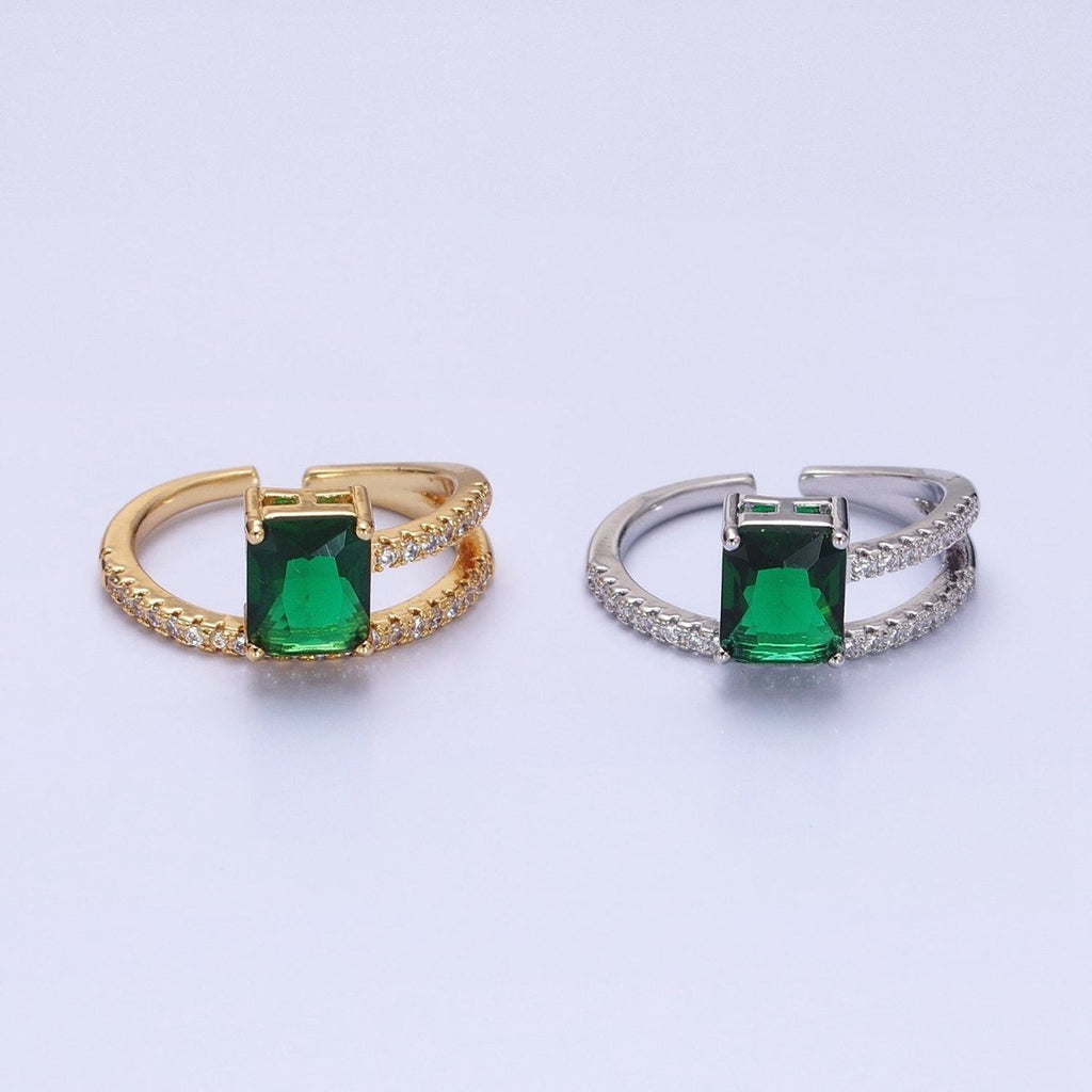 14K Gold plated Green Baguette Double Band Micro Paved Adjustable Ring in Gold & Silver | O-1561 O-1562