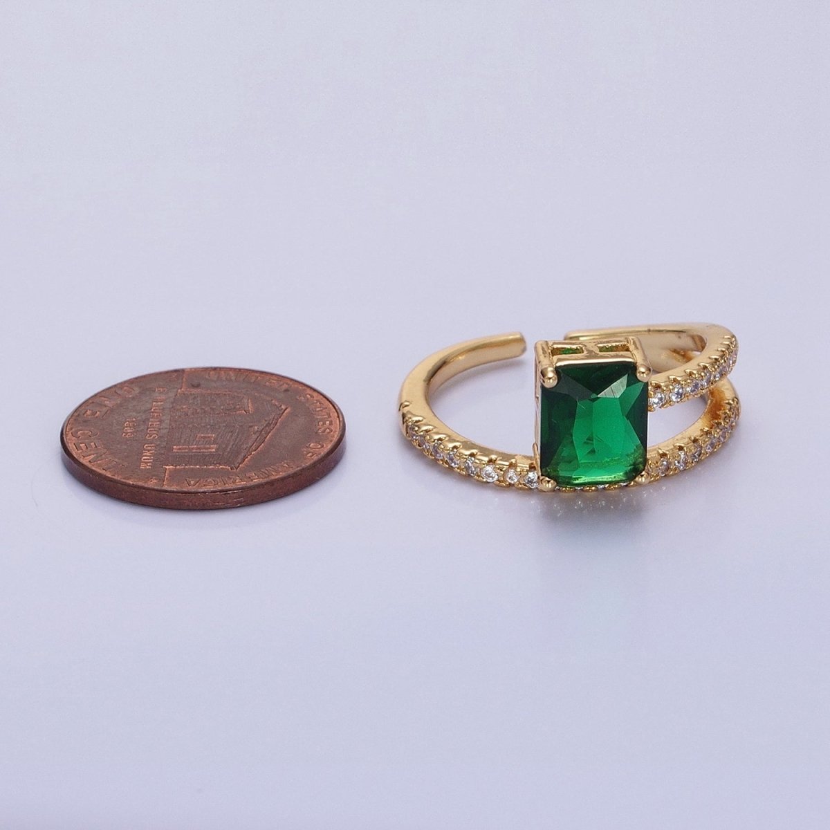 14K Gold plated Green Baguette Double Band Micro Paved Adjustable Ring in Gold & Silver | O-1561 O-1562