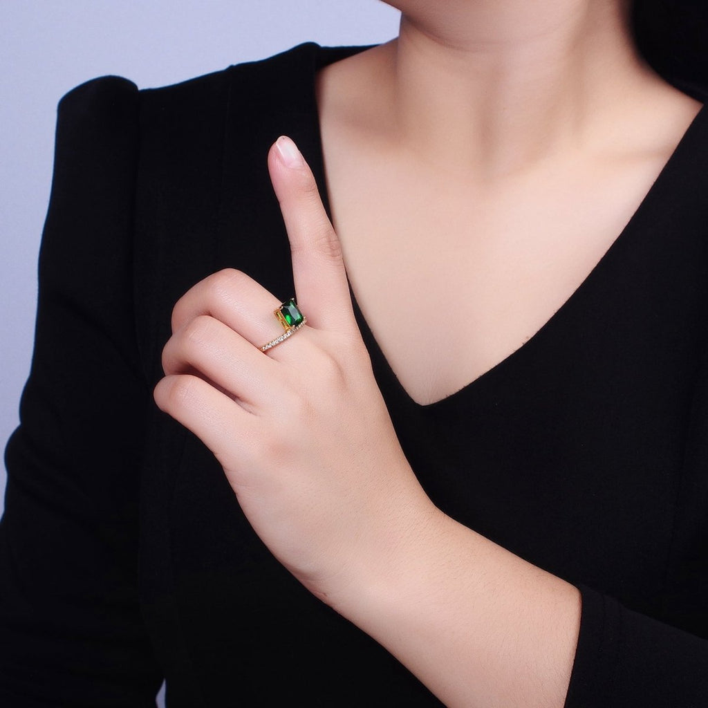 14K Gold plated Green Baguette Double Band Micro Paved Adjustable Ring in Gold & Silver | O-1561 O-1562