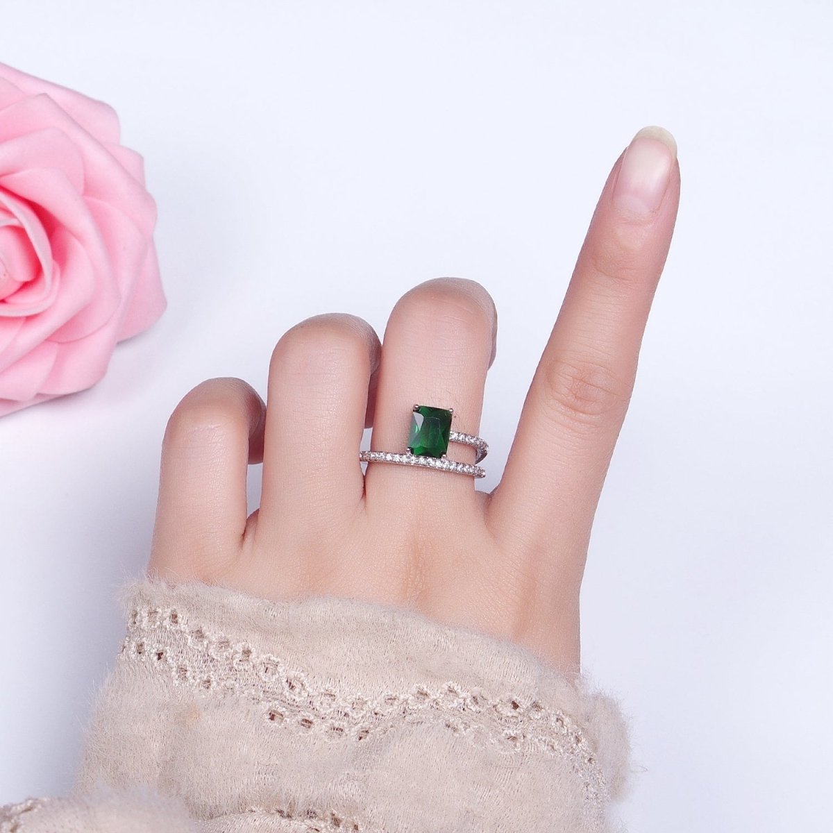 14K Gold plated Green Baguette Double Band Micro Paved Adjustable Ring in Gold & Silver | O-1561 O-1562