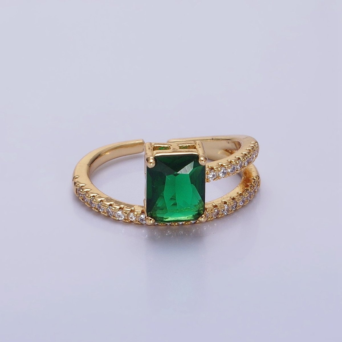 14K Gold plated Green Baguette Double Band Micro Paved Adjustable Ring in Gold & Silver | O-1561 O-1562