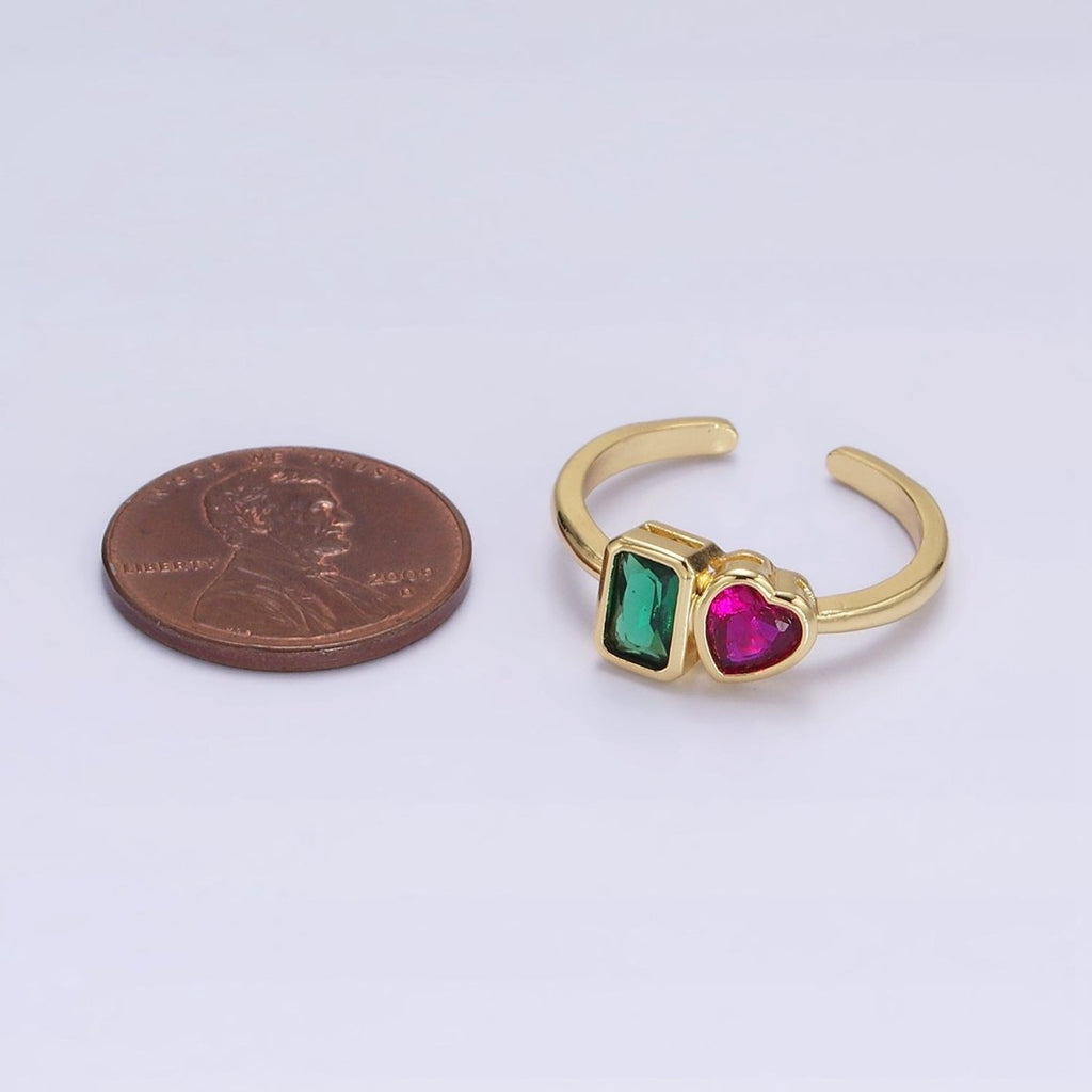 14K Gold plated Green Baguette Fuchsia Heart Ring | O-580 - DLUXCA