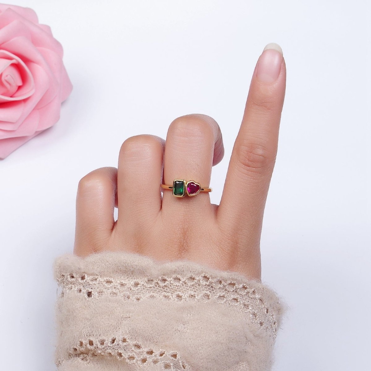 14K Gold plated Green Baguette Fuchsia Heart Ring | O-580 - DLUXCA