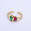14K Gold plated Green Baguette Fuchsia Heart Ring | O-580 - DLUXCA