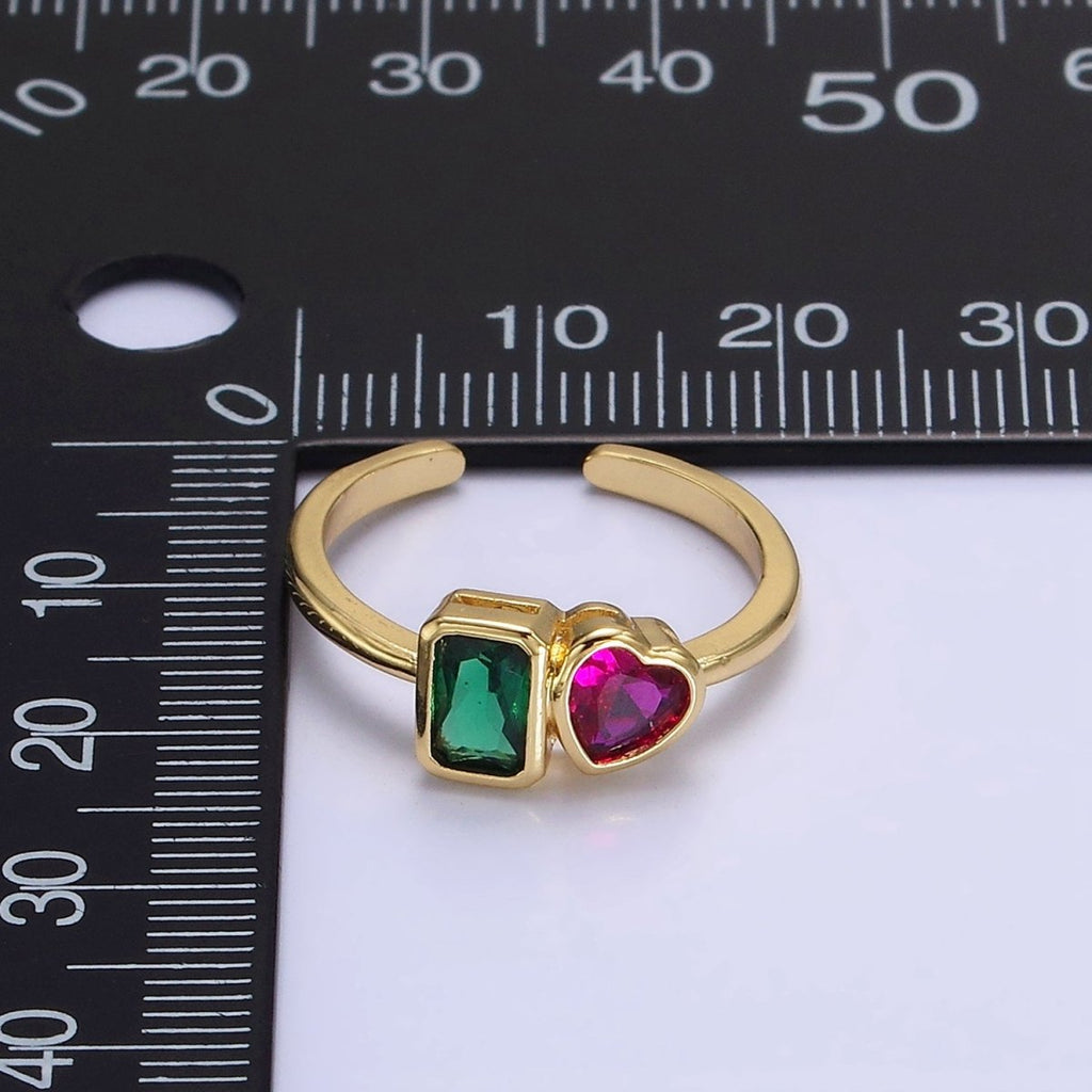 14K Gold plated Green Baguette Fuchsia Heart Ring | O-580 - DLUXCA
