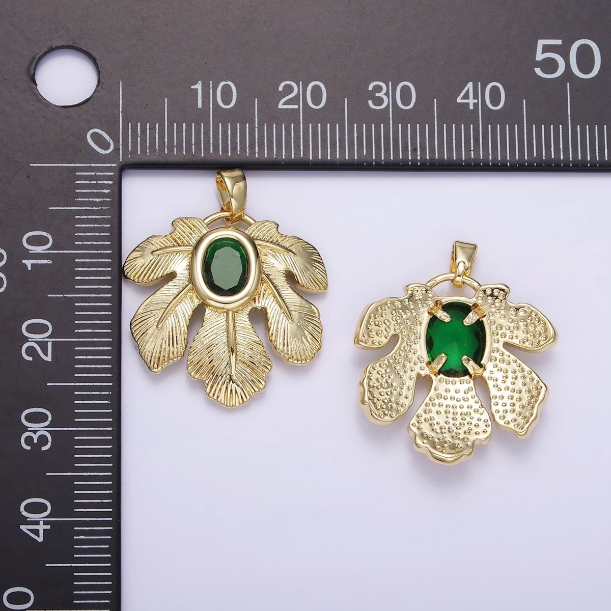 14K Gold plated Green CZ Line-Textured Palm Leaf Nature Pendant | AH149 - DLUXCA