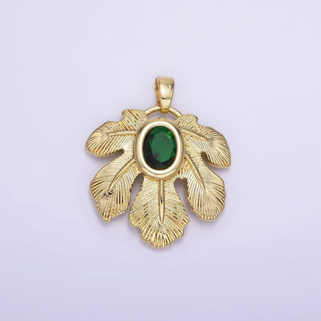 14K Gold plated Green CZ Line-Textured Palm Leaf Nature Pendant | AH149 - DLUXCA