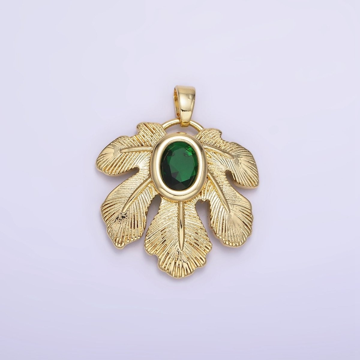 14K Gold plated Green CZ Line-Textured Palm Leaf Nature Pendant | AH149 - DLUXCA