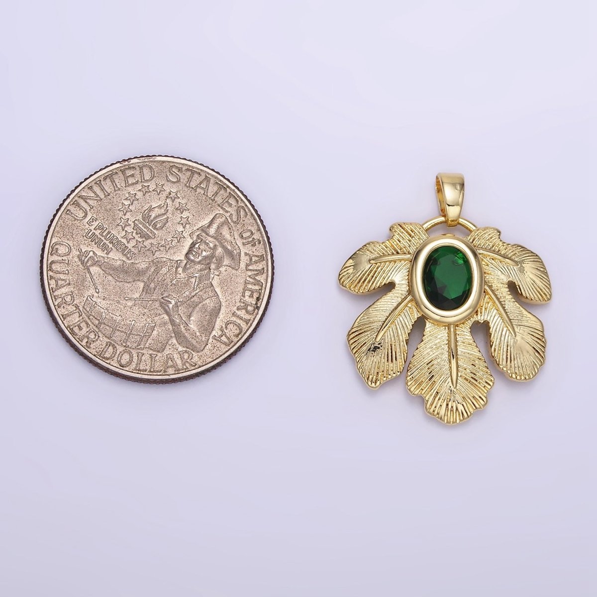 14K Gold plated Green CZ Line-Textured Palm Leaf Nature Pendant | AH149 - DLUXCA
