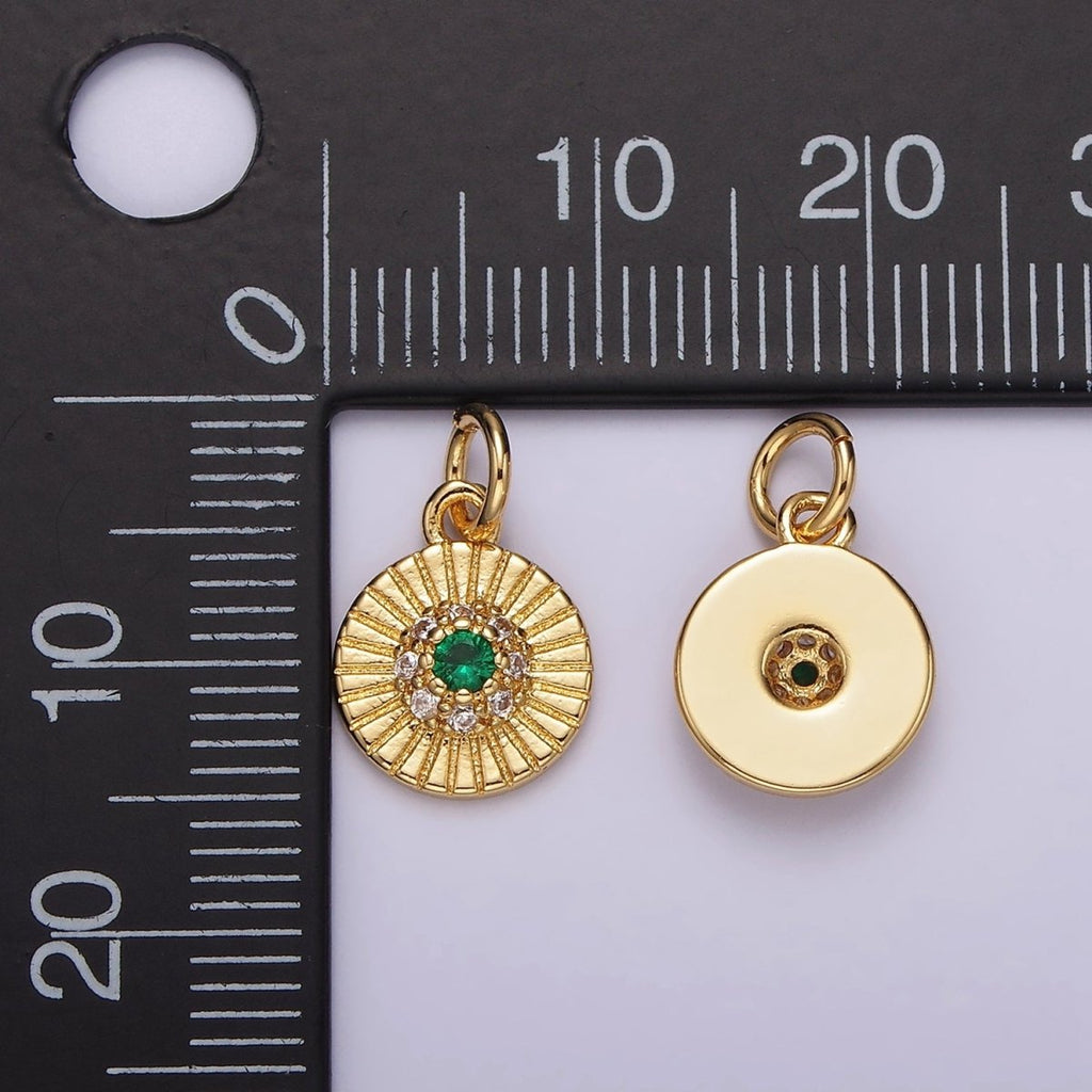 14K Gold plated Green CZ Micro Paved Line-Textured Mini Round Charm | N994 - DLUXCA