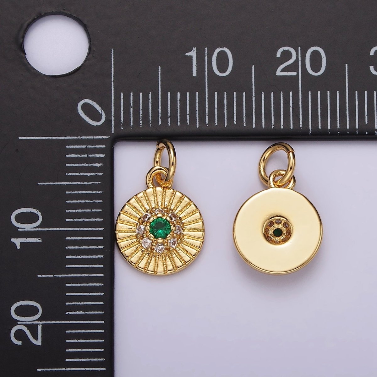 14K Gold plated Green CZ Micro Paved Line-Textured Mini Round Charm | N994 - DLUXCA