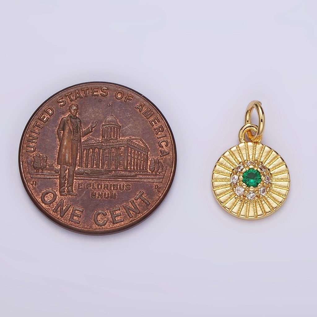 14K Gold plated Green CZ Micro Paved Line-Textured Mini Round Charm | N994 - DLUXCA