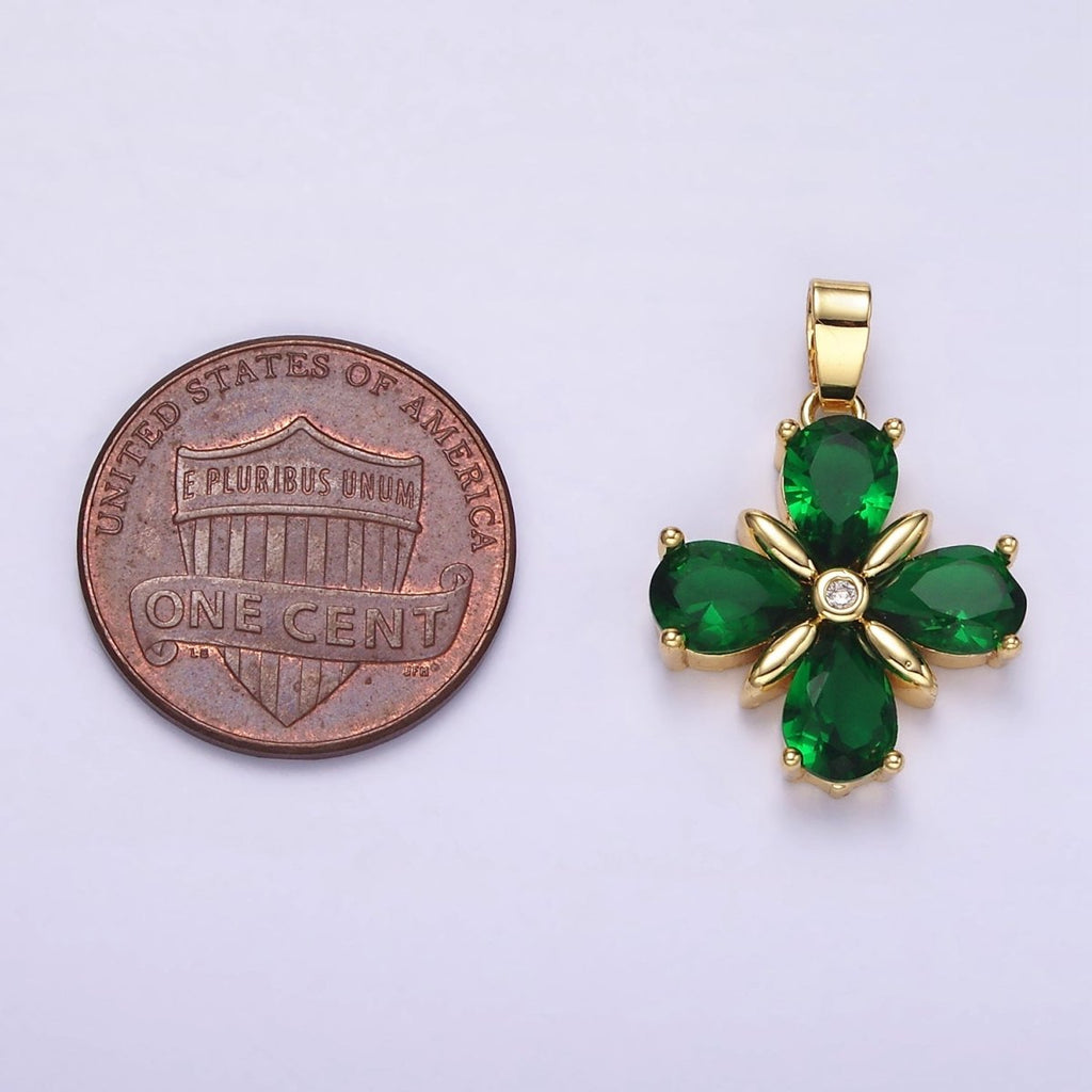 14K Gold plated Green CZ Quatrefoil Flower Pendant | AA059 - DLUXCA