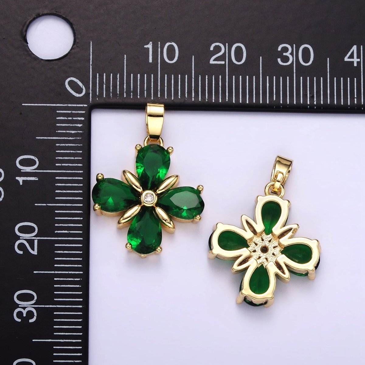 14K Gold plated Green CZ Quatrefoil Flower Pendant | AA059 - DLUXCA